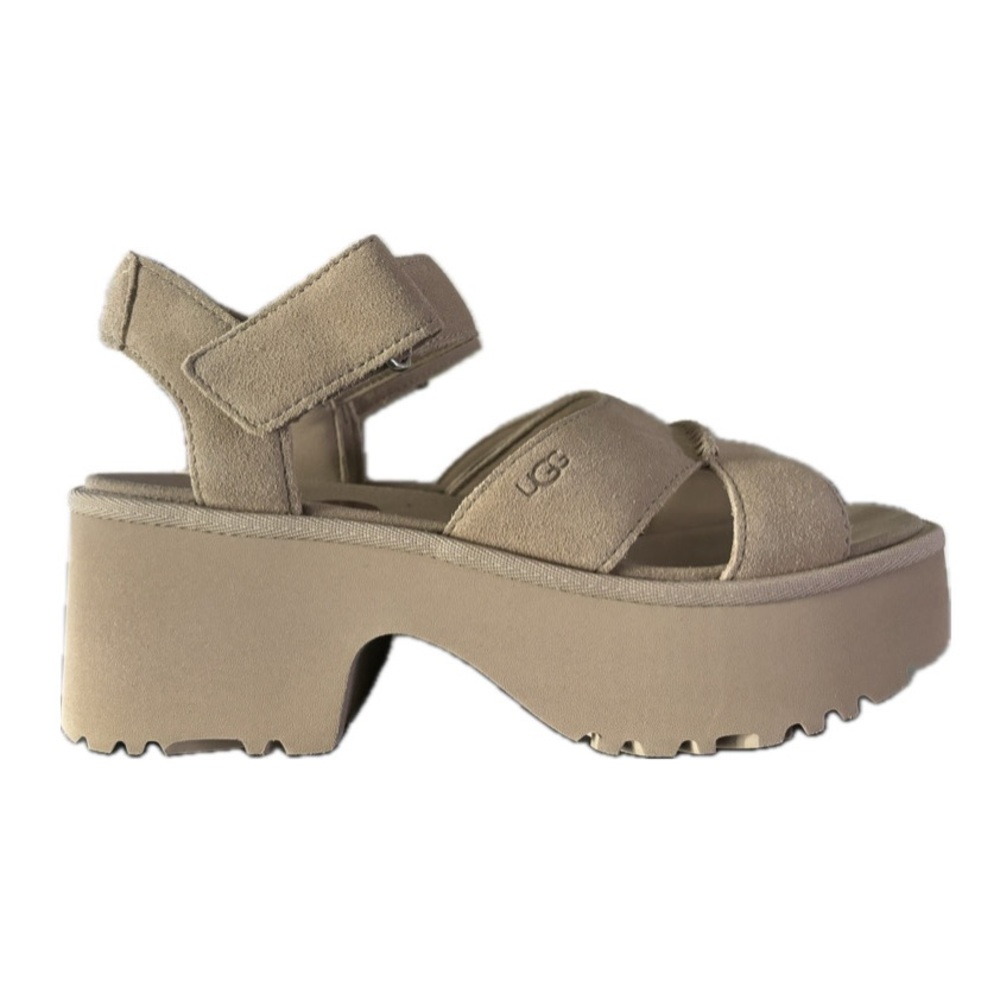(SOLD) UGG WOMEN 8 NEW HEIGHTS PLATFORM SANDAL IN MUSTARD SEED NWOB CUSHIONED - Picture 3 of 10